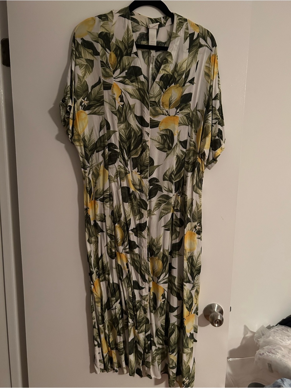 H&M White Maxi Dress with Yellow Lemon and Green Leaf Print